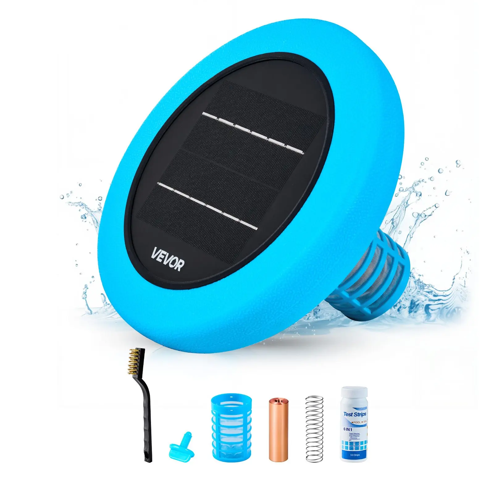 【Summerfinds】VEVOR Solar Pool Ionizer, Round Copper Pool Ionizer Up to 45000 Gal, Floating Automatic Water Cleaner and Purifier, Chlorine Free Water, with Copper Anode, Spring, Brush and Filter for Pools & Spas