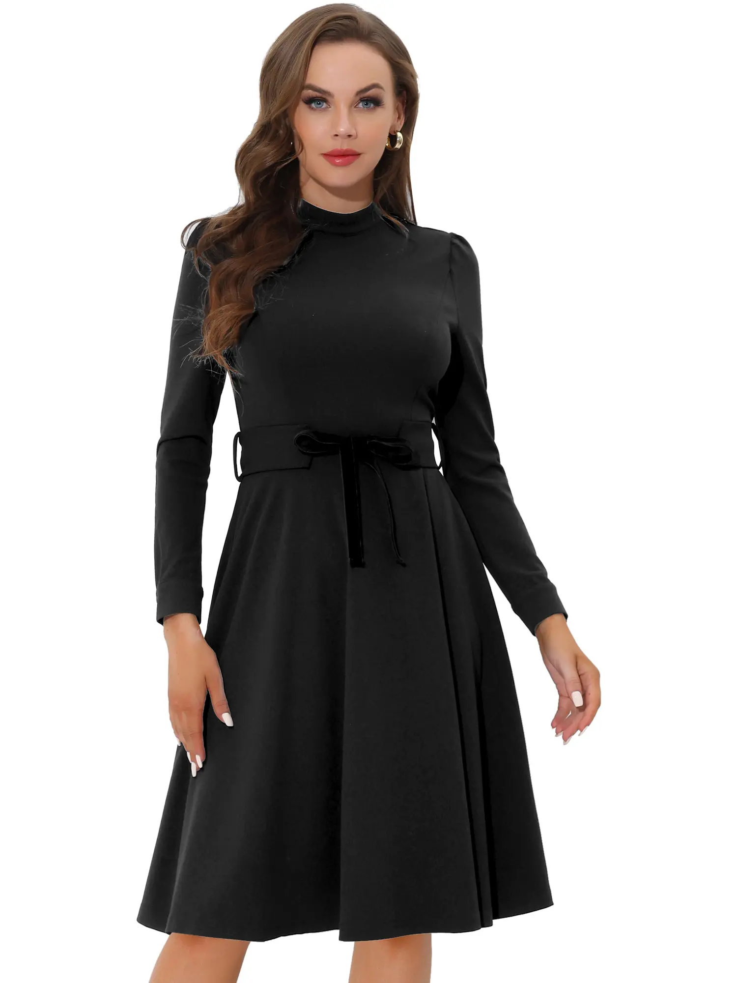 INSPIRE CHIC Women's Elegant Work Sheath Dress Mock Neck Long Sleeve Knee Length Dress