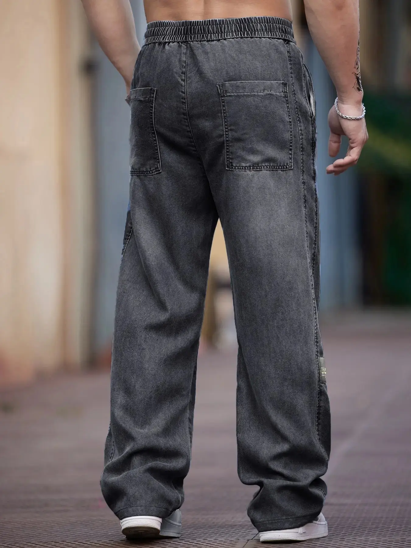 Men's Vintage Washed Denim Jeans, Elastic Drawstring Waist Trouser, Loose Fit Oversized Baggy Casual Streetwear Grey Breathable Pants with Pocket for Spring & Summer, Denim Clothing, Menswear