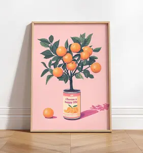 Choose a Happy Life Art Print, Motivational Orange Tree Poster, Retro Fruit Kitchen Wall Art, Danish Pastel Bedroom Decor, Positive Vibe Gift
