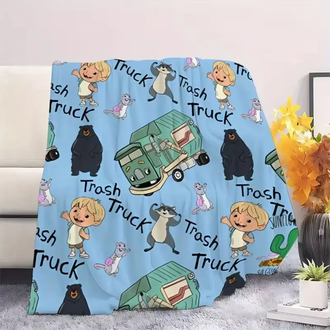 Trash Truck Cartoon Throw Blanket, Cute Boy Bear Raccoon Mouse Soft Cozy Plush Bed Blanket, Lightweight Warm Blankets for Kids Bedroom Decor, Couch Sofa Living Room, Birthday Gifts for Fans