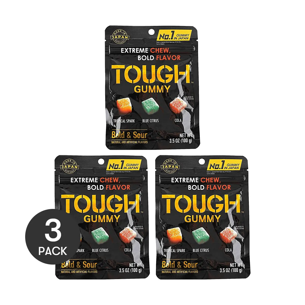 3 Pack KABAYA Tough Gummy Candy Assorted - Tropical, Citrus, Cola 3.5 oz Each - Japanese Sour Chewy Snack