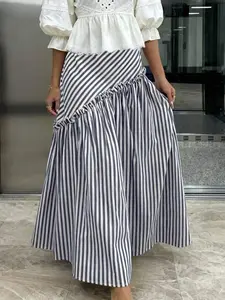 French Vintage Striped Irregular Fish Tail Long Dress, Elegant Commuter Striped Patchwork Ruffle Half-Length Skirt