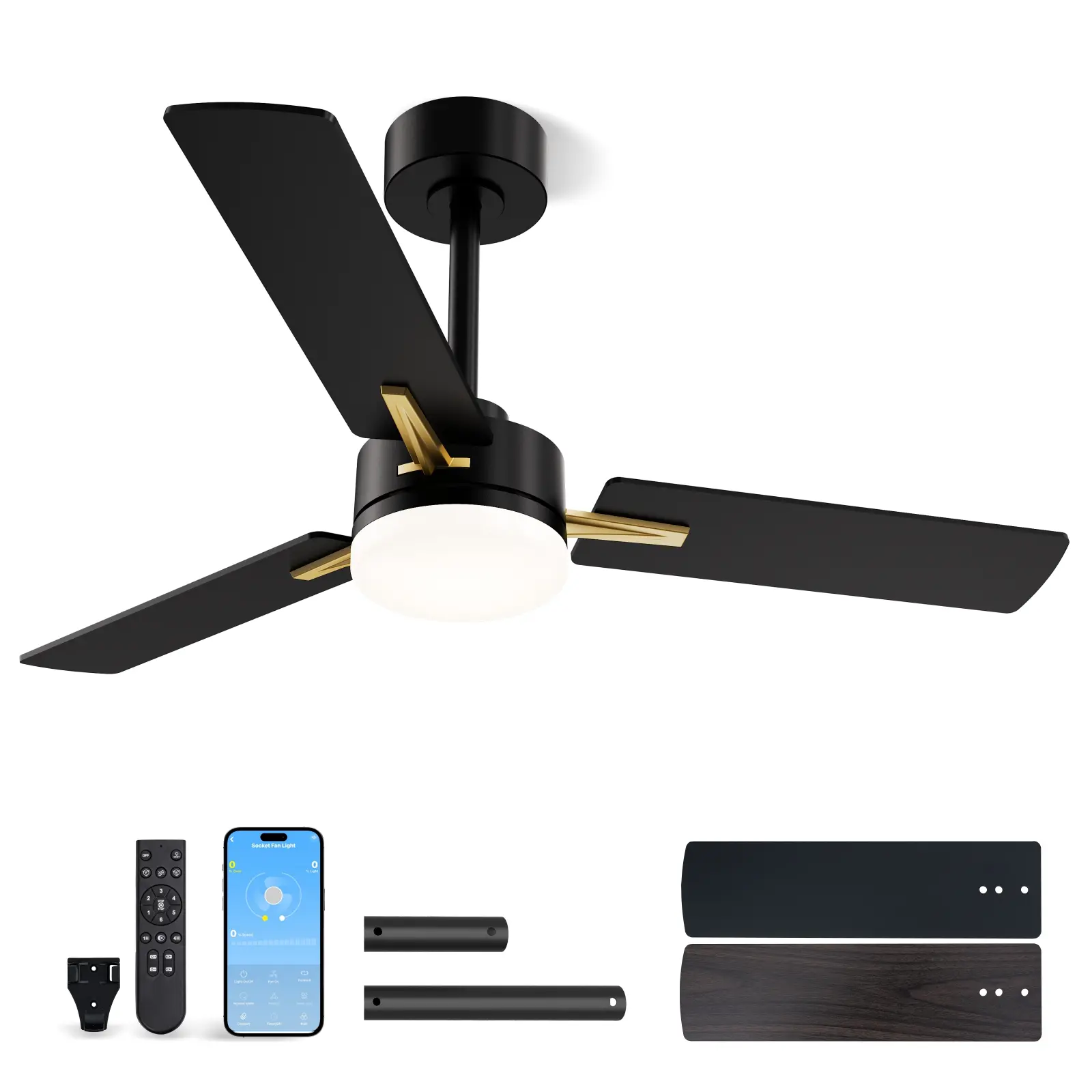 LANMEL 42 & 52 Inch Ceiling Fans with Lights, App & Remote Control, Low Profile Modern Ceiling Fan, 6-Speed Reversible, 3000K-6500K Dimmable LED, Quiet DC Motor for Indoor & Outdoor Use, Black & White Dual-Sided Blades