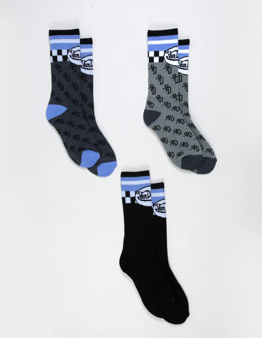 VON DUTCH 3 Pack Mens Crew Socks, Black  &  Blue