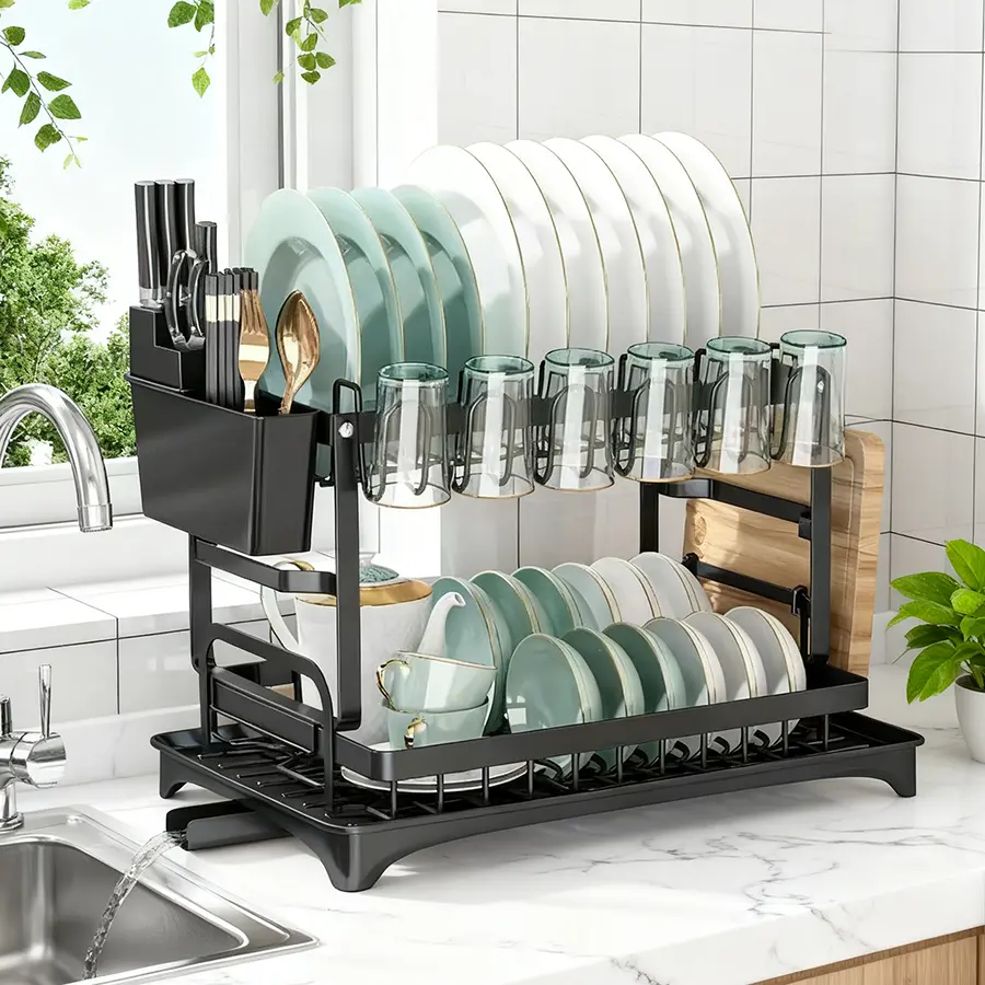 Large Capacity 2 Tier Dish Drying Rack with Auto Drain Tray, Kitchen Counter Organizer for Plates, Bowls, Cups and Cutting Boards Multifunctional