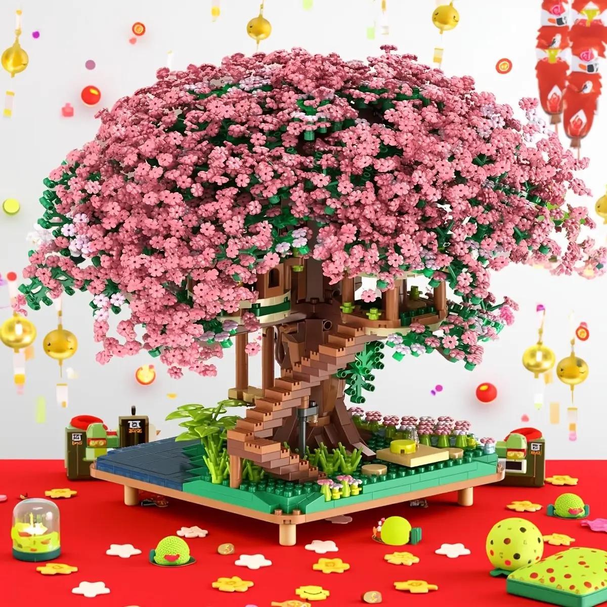 Treehouse Cherry Blossom Theme Mini Blocks, Collectible Model Set, Living Room Decor, Christmas Thanksgiving Halloween Birthday Gift, Collectible Building Blocks