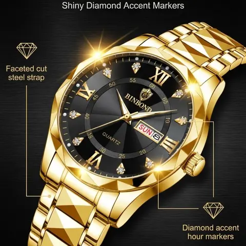 【Black Friday】Men's Business-Style Rhinestone-Accented Analog Quartz Watch with Day-Date Display, Waterproof Stainless Steel Wristwatch for Parties and Daily Wear, Trendy Birthday Gift with Box