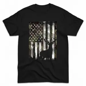 Camo American Flag Deer Silhouette Graphic Tee Mens Short Sleeve Crew Neck Cotton Blend Shirt Casual Outdoor Hunting Streetwear Top