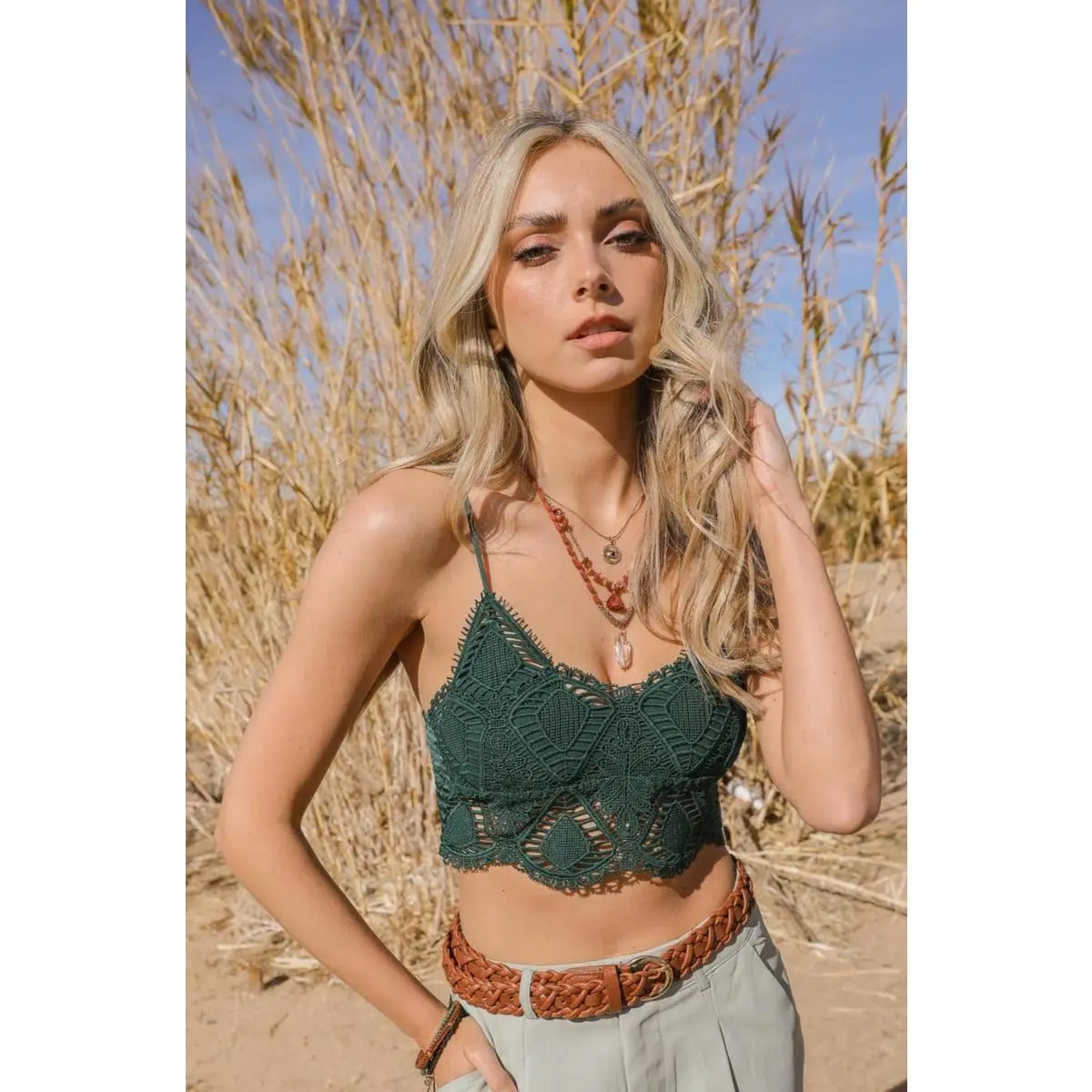 Women's Feminine Lace Longline Bralette - Strappy Geometric Crochet Overlay, Deep V Plunge, Seamless Racerback, Wireless Push-Up Fit Bra for Ladies (T-Shirt Friendly)