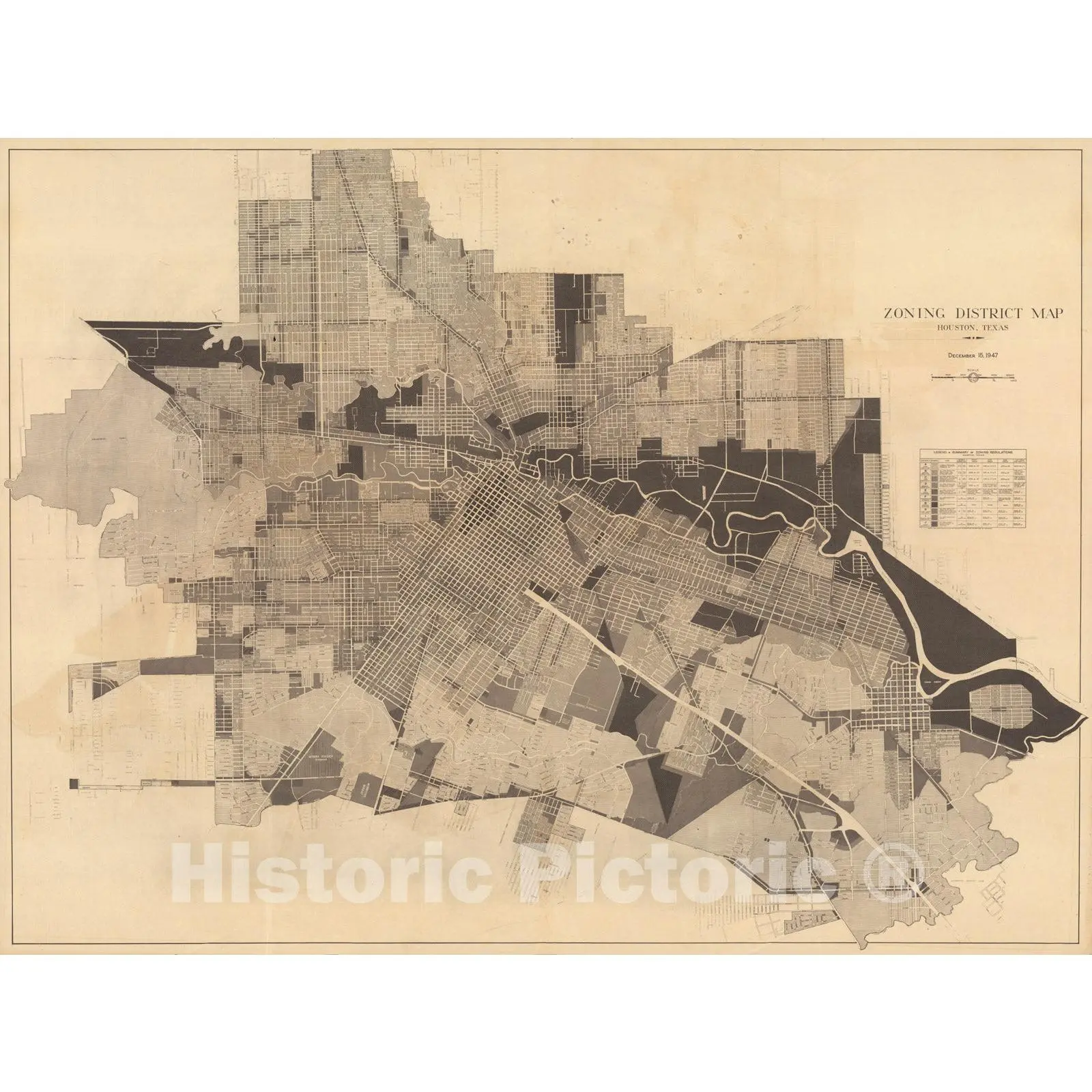 Houston, Texas - Zoning Map, 1947 - Historical Map Print