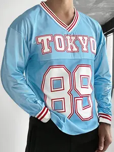 Men's College Style Long Sleeve T-Shirt, Fall Winter Sports Long Sleeve V-Neck T-Shirt, Mesh Patchwork Digital Print Long Sleeve Tee