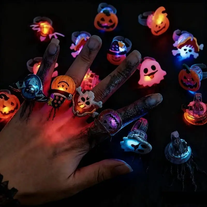 50PCS Novelty Halloween LED Light-Up Rings - Pumpkin, Skull Glow Toys, Kids' Party Favors, Unisex Spooky Gift Exchange Decor