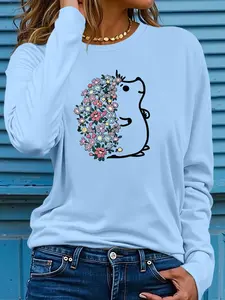 Flower Hedgehog Motif  Women's printed T-shirt  Tops Casual Lightweight Round Neck Graphic Daily Commuter long-sleeve T-shirt，TikTok Trending T-shirt Women ，Outfit Murah T-shirt Wanit,Comfortable Fabric