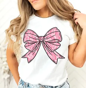 Pink Camo Coquette Bow T-Shirt ~ DryBlend Relaxed Fit Printed In The USA Top Womenswear Comfort Seamless Collar Silk