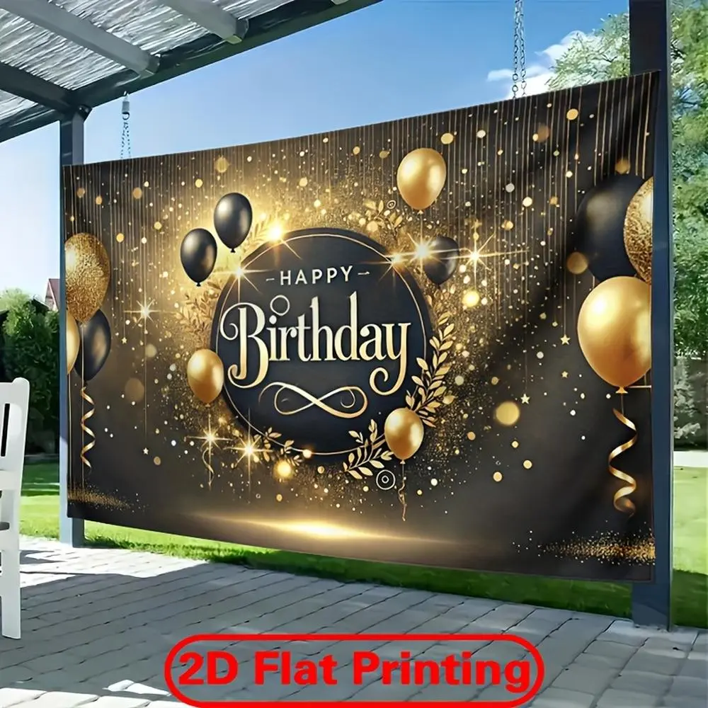 1pc 2D Flat Happy Birthday Backdrop Banner - Elegant Golden Black Balloon Design Confetti Dots Durable Polyester Fabric Wall Decor Indoor/Outdoor Parties Photo Backdrops Home Office Decor ft Birthday, Glam Look, Birthday Party