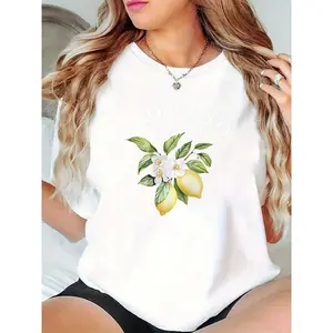 Women's Limoncello Lemon Liqueur Graphic T-Shirt, Lemon Floral & Leaves Print Casual Summer Top, Cute Botanical Tee for Ladies Beach Picnic Daily Wear 100% Cotton T-shirt