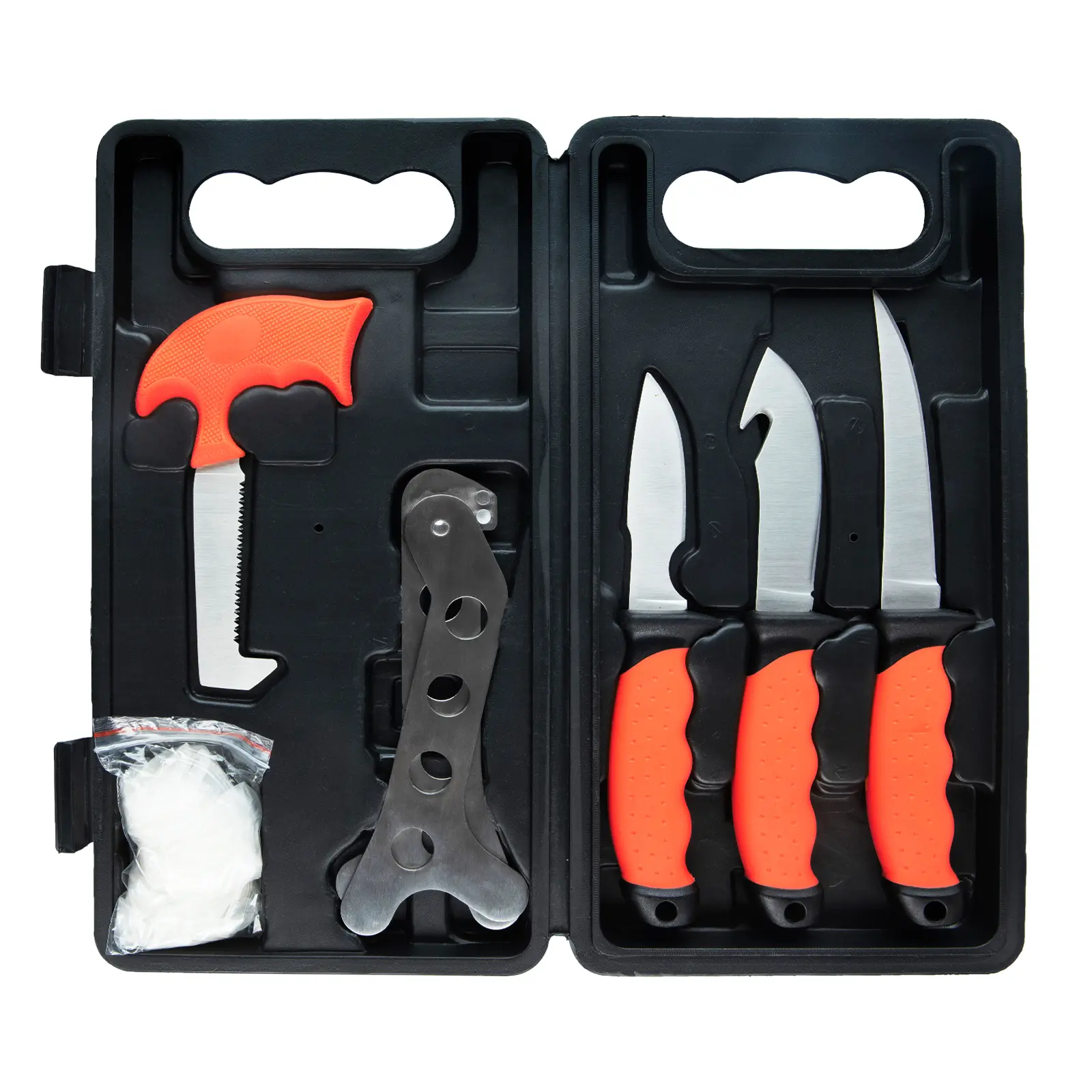 Dispatch 7-Piece Stainless Steel Compact Hunting Field Dressing Kit, Hard-Case Tool Set with Rubber Grip Caping Knife, Boning Knife, Gut Hook Skinner, Bone Saw, Ribcage Spreader, Seven Pieces
