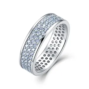 S925 Sterling Silver Full Pave Moissanite Ring D Color Eternity Band Wide Statement Jewelry GRA Certified Wedding Anniversary Gift for Her