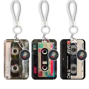 3 sets of vintage cassette badge holders with retractable badge clips, featuring a retractable badge reel, carabiner clip, stylish vertical card protective case, fun ID card holder keychain, and fashionable name tag holder with heavy-duty badge reel