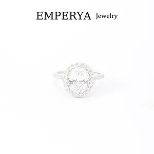EMPERYA Luxury Oval Cut Cubic Zirconia Engagement Ring | Sparkling Halo Solitaire Ring | Elegant Silver Tone Pave Wedding Band | 4-Carat Look Statement Ring for Women