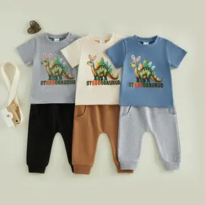 2Pcs Toddler Boy Easter Outfits Short Sleeve Crew Neck Dinosaur Egg Print Tops and Elastic Waist Pants Set 2026 New Easter Set