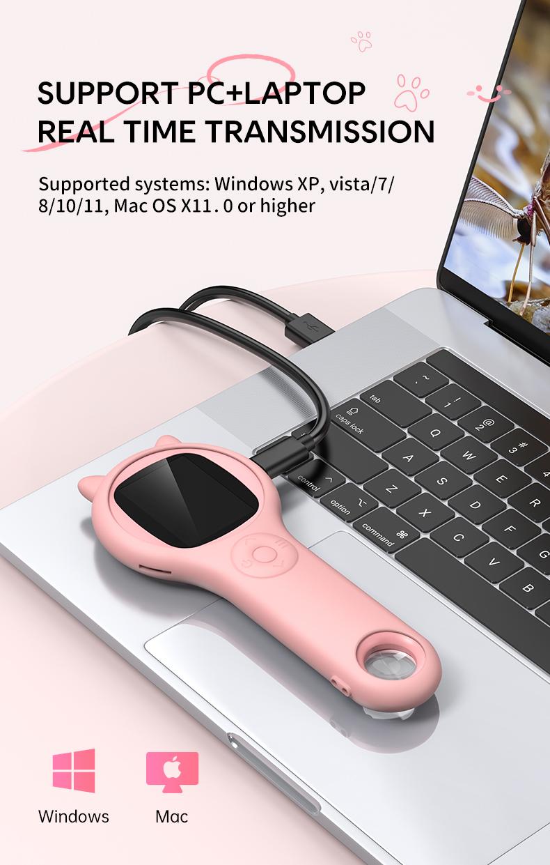 Cat Ear Kids Handheld Microscope, 500X Zoom 2MP HD IPS Screen Portable Digital Microscope with 8 LED, Educational Science Toy for Kids