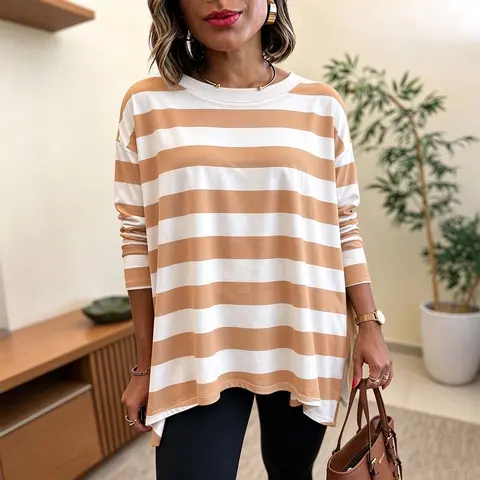 CHICME Women's Striped T Shirt Long Sleeve Drop Shoulder Crewneck Tee Side Slit Casual Loose Fit Top Oversized Fall