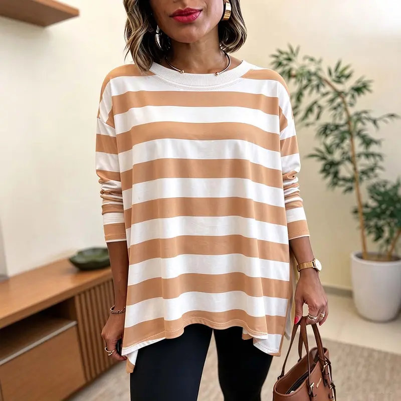 CHICME Women's Striped T Shirt Long Sleeve Drop Shoulder Crewneck Tee Side Slit Casual Loose Fit Top Oversized Fall