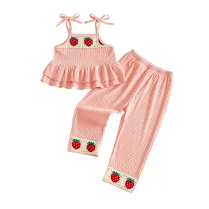 Cute Toddler Girls Strawberry Crochet Outfit Set - Ruffled Camisole Top with Long Pants