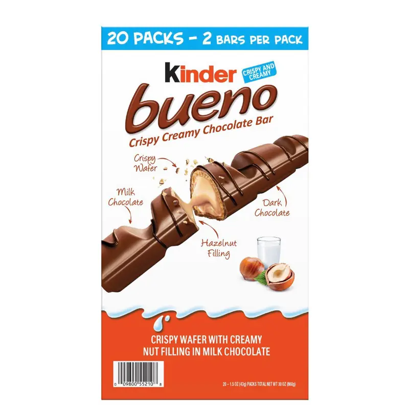 Kinder Bueno Chocolate-Hazelnut Bars, 2-Bar Pack (1.5 Oz Each), 20-Count Bulk Package