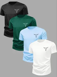 Men's Classic Bull Graphic Print Round Neck Fitted Short Sleeve T-Shirt Set of 4, Casual Streetwear Comfortable Top for Fall Winter Outdoor Wear, Menswear