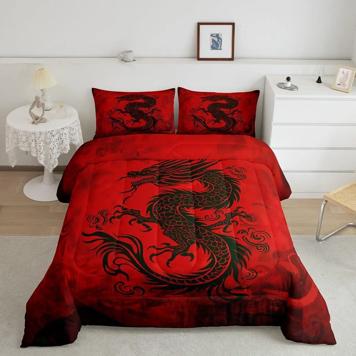 Chinese Loong Comforter Set,Dragon Wildlife Animals Quilt Set,Soft Bed Collection,Exotic Boho Red Graffiti Bedding Comforter for Boys Girls Room Decor