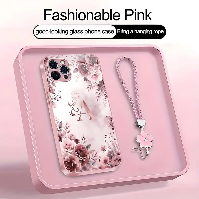 Rose Floral Art 26 letter Phone Case, Suitable for [iPhone 12 Pro] high-end women's, Lanyard a beautiful four-leaf clover lanyard is included🍀 952