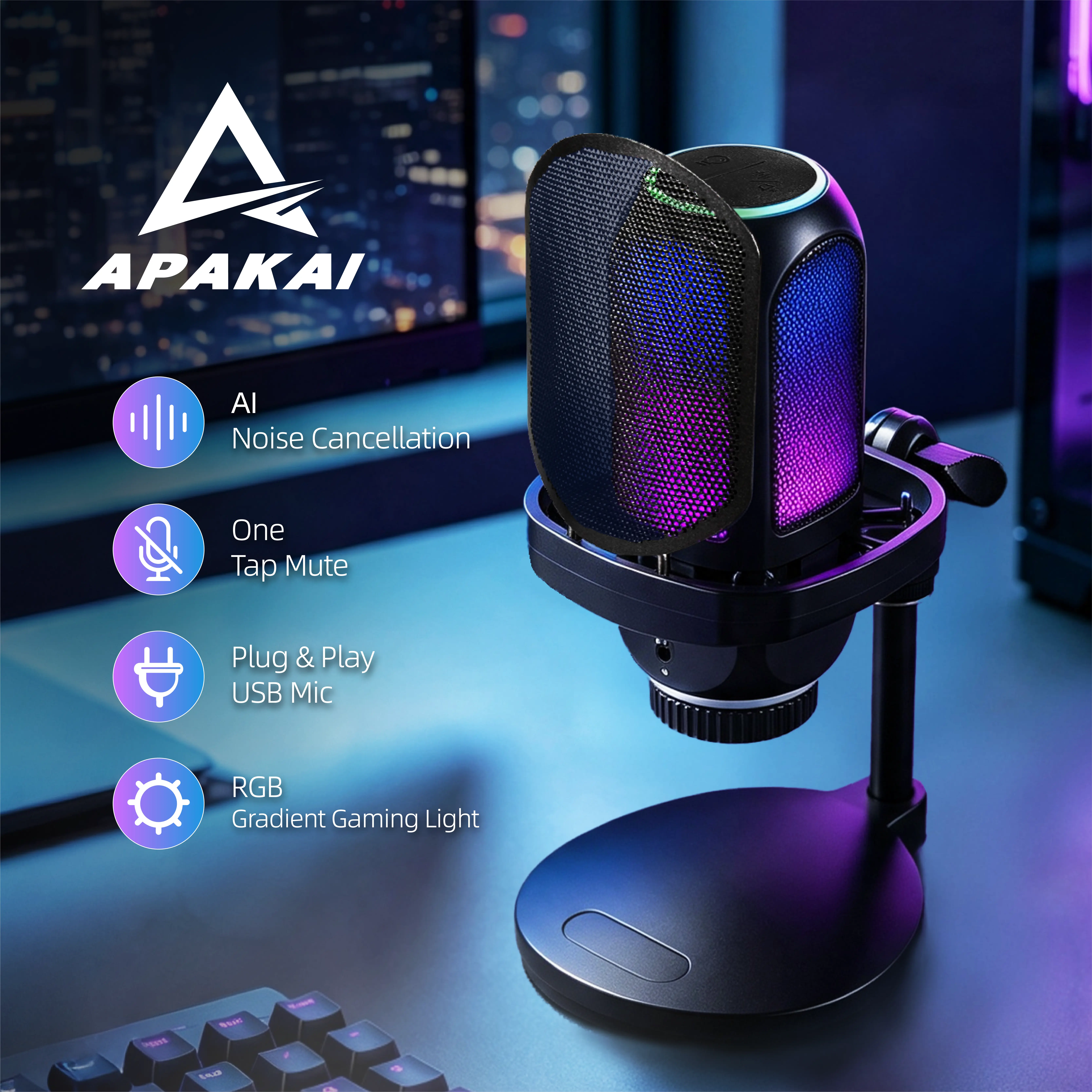 APAKAl  APK001 RGB Gaming USB Wired Condenser Gaming Microphone with Shock Mount, Pop Filter, Blowout Preventer Net, Auto-Switch RGB Lights, 4-in-1 USB Type-C Plug-and-Play,192kHz/24bit Audio, 3.5mm Headphone Jack for Streamingon PC & Laptop