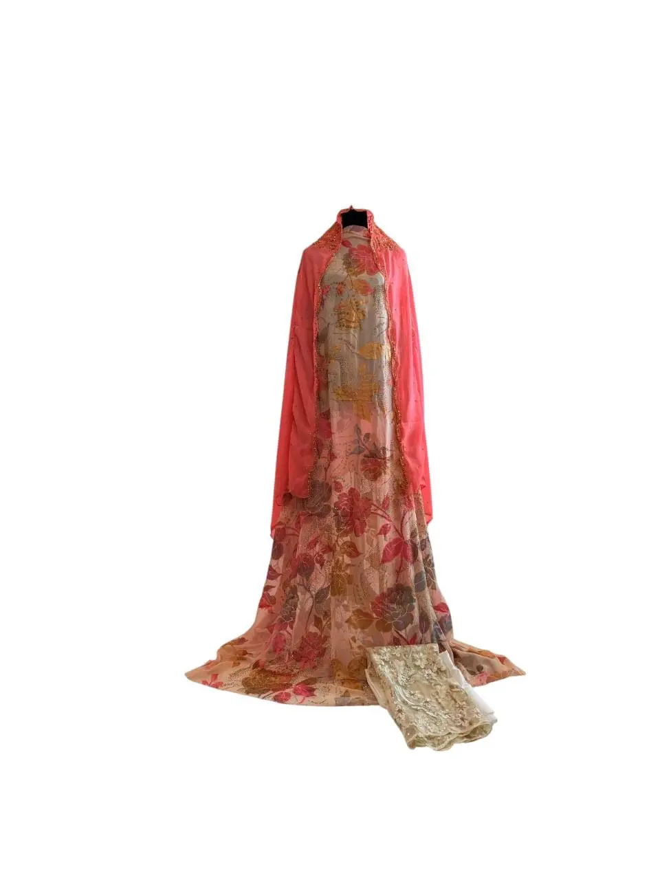 Luxury Beige & Coral Floral 3-Piece Unstitched Dirac Suit with Embroidered Chiffon Dupatta