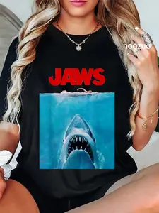 100% Cotton Unisex Jaws Oversize Poster T-Shirt Casual Graphic Printed Tee Casual Top
