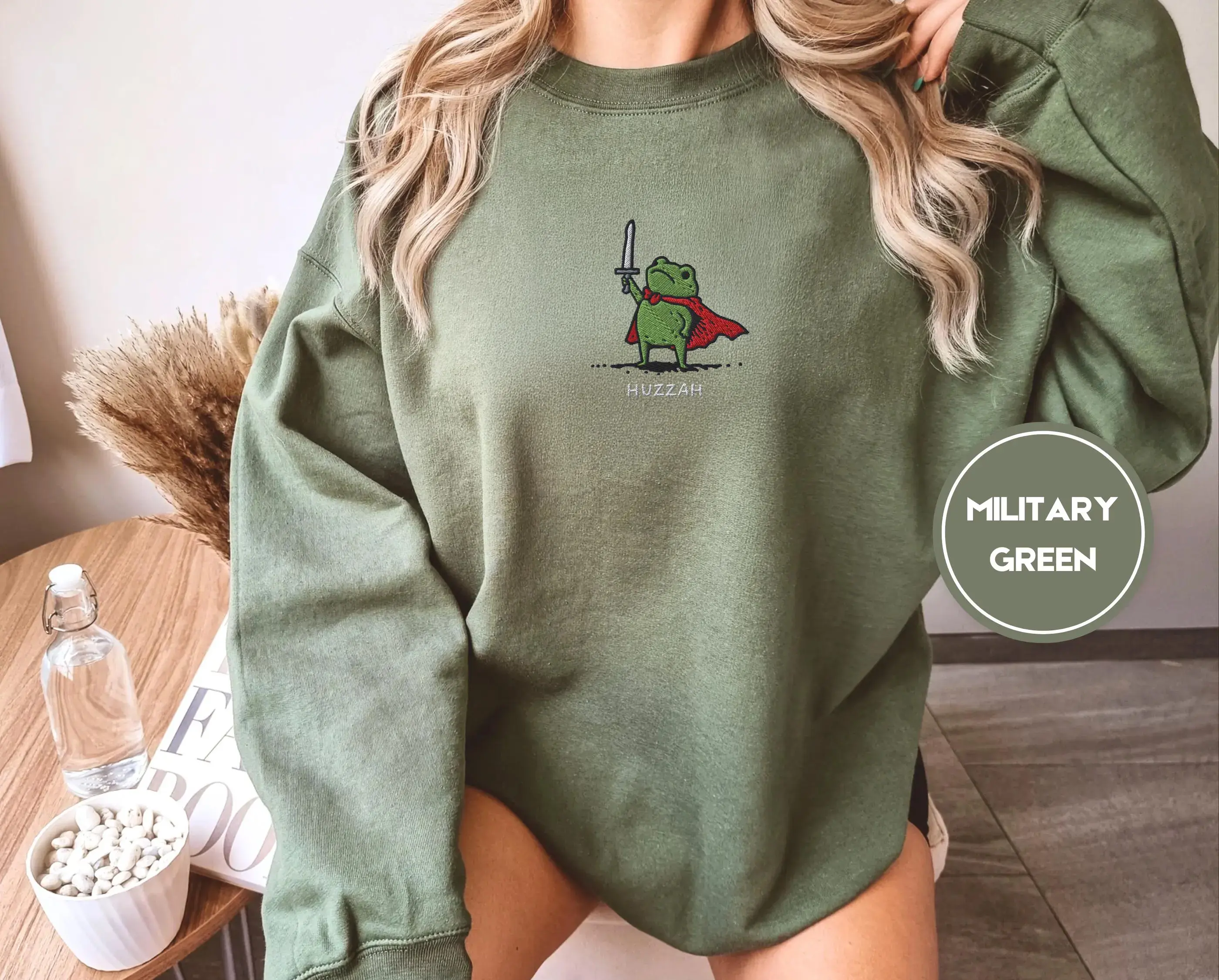[Embroidered] Huzzah Frog Sweatshirt, Funny Dnd Pullover, Renaissance Faire Frog Crewneck, Medieval Fantasy Gamer Gift