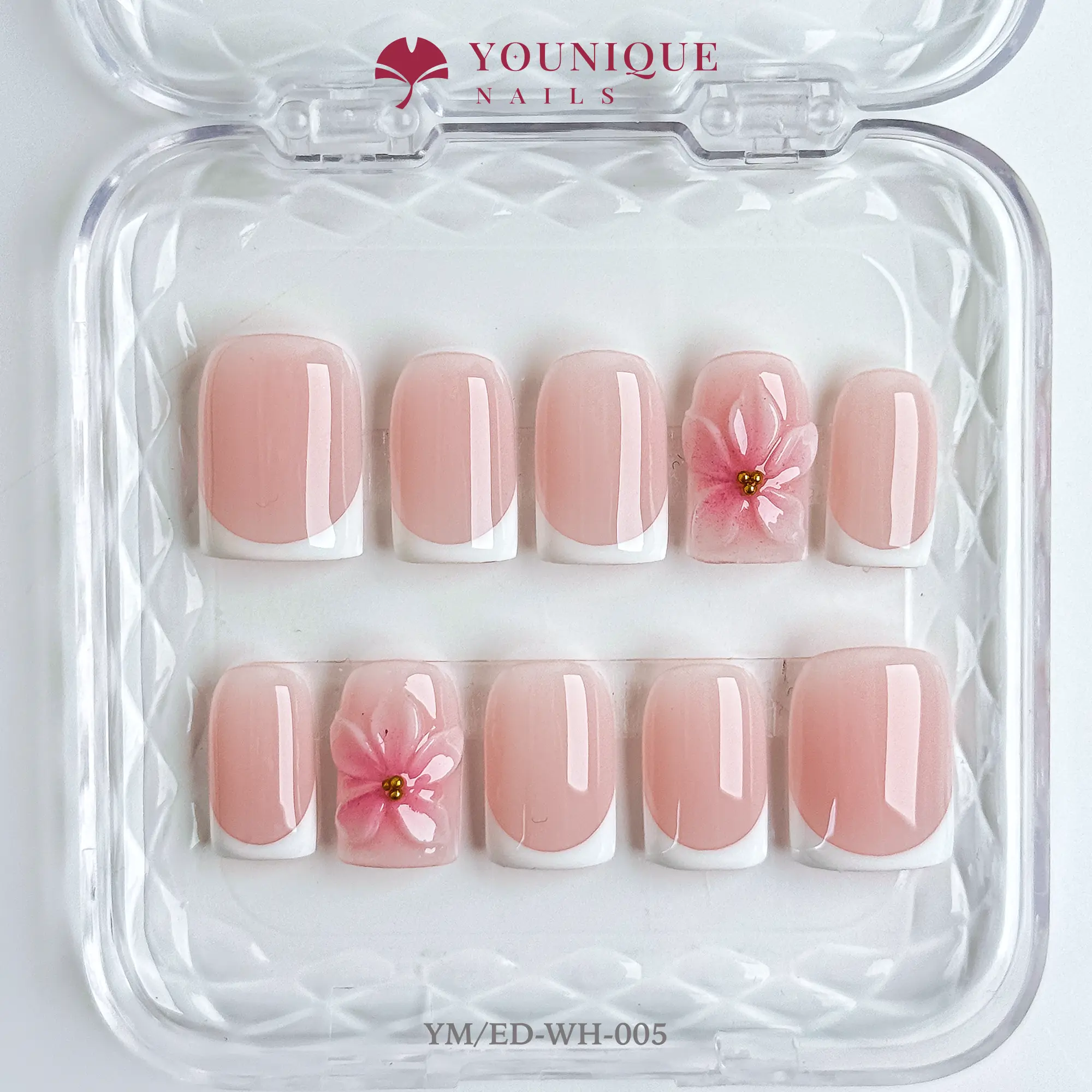 Younique Nails, Short Pink with White French Tips, 3D Floral Art, bridal shower, french nail, handmade tip, Handmade Reusable Acrylic, press on kit, soft gel, luxury press-on, acrylic false, week wear, reusable glossy fake, pink base, floral detail
