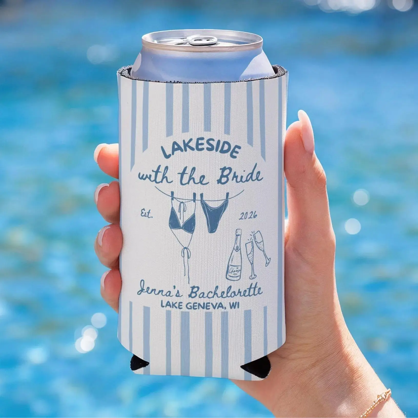 Lakeside with the Bride Can Cooler, Lake Bachelorette Party Favor, Custom Lake Weekend Koozie, Bride Lakeside Drink Sleeve