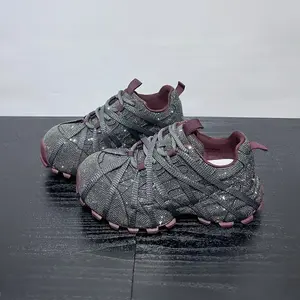 Women's Fashion Dad Shoes with Rhinestone Design, Cross Strap Thick Sole Casual Sneakers, European Style Streetwear Sports Shoes, Sporty Sneakers
