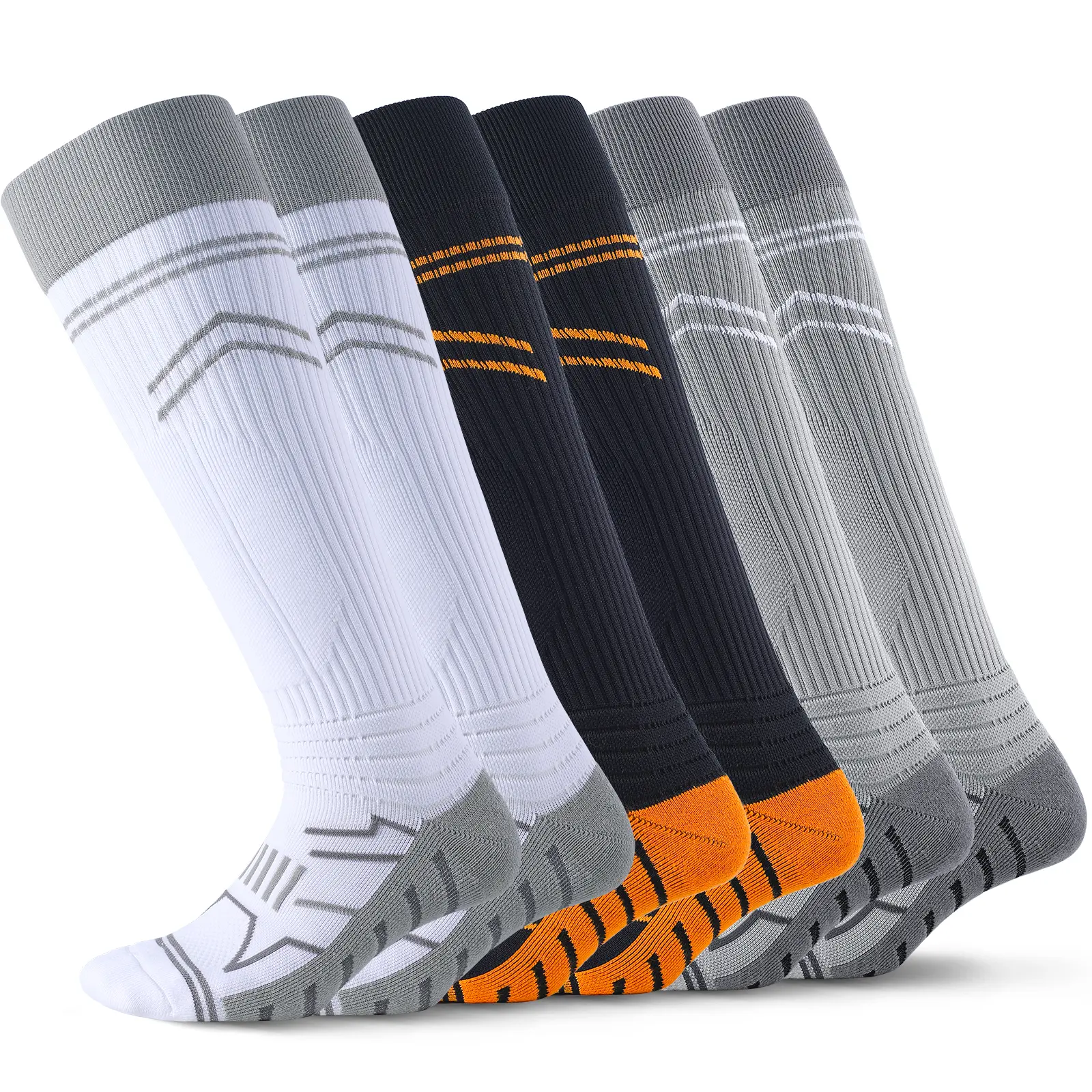 Unisex 3-Pair Over-the-Knee Compression Socks, All Sport Compatibility, Anti-Blister Cushion, Moisture-Wicking, Seamless, Utility Socks for Football & Baseball, Black/Gray/White