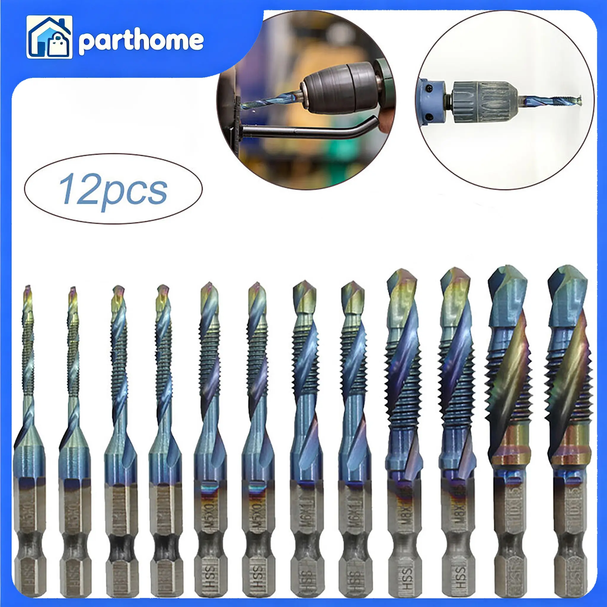 Hex Shank Tap Drill Bit Set, 12Pcs Blue HSS 1/4 Inch Quick Change Shank Sizes M3-M10, Dual-Purpose Drilling Tapping Hardware for Metal Wood Plastic Aluminum for Hardware Workers and Home DIY Repair Users