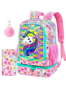 Girls 2pcs Unicorn Sequin Backpack Set, Kids School Bookbag with Pencil Case & Pompom Charm, Preppy Style, All Seasons