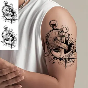 Anchor & Compass Design Temporary Tattoo Sticker, Waterproof Long Lasting Fake Tattoo Sticker, Body Art Sticker for Men & Women