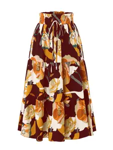 Women's Ditsy Floral Casual Skirt, High Waist Elastic Flower Half Skirt, Boho A-Line Layered Midi Dress, Bohemian Trendy Fashion for All Seasons