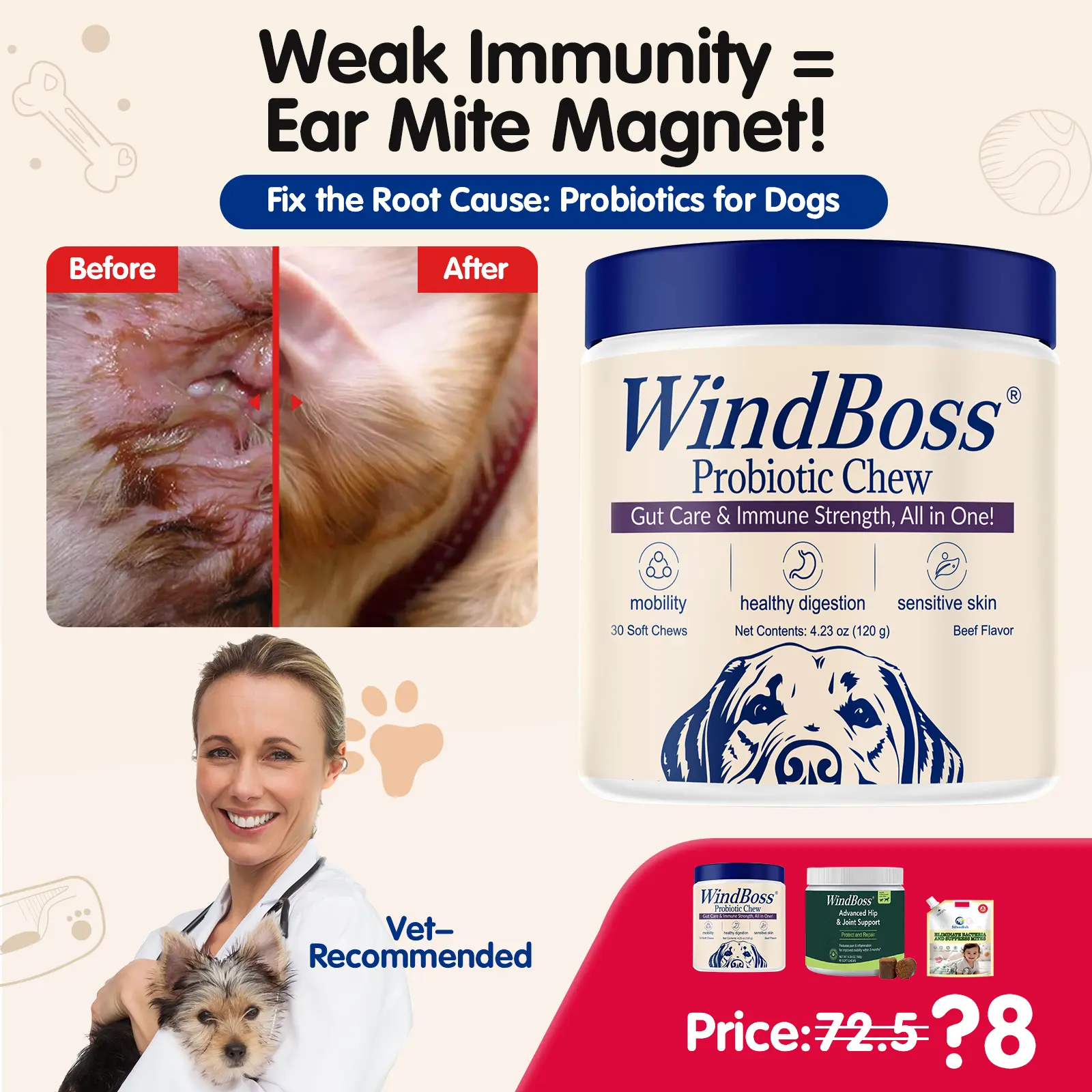 Dog Probiotics for Skin & Gut Health-Stops Itching, Allergies & Diarrhea | With Chondroitin, Fish Oil & Dental Care | 30 Beef Flavor Chews