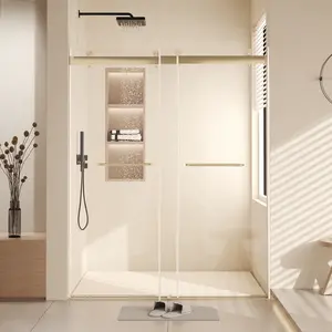 60" W x 76" h Semi-Frameless Sliding Shower Door, Double Sliding Tempered Glass Shower Door, Easy-to-Clean Treated Clear Tempered Glass for Walk-in Shower Bathroom, Square Tube Brushed with Gold Tape