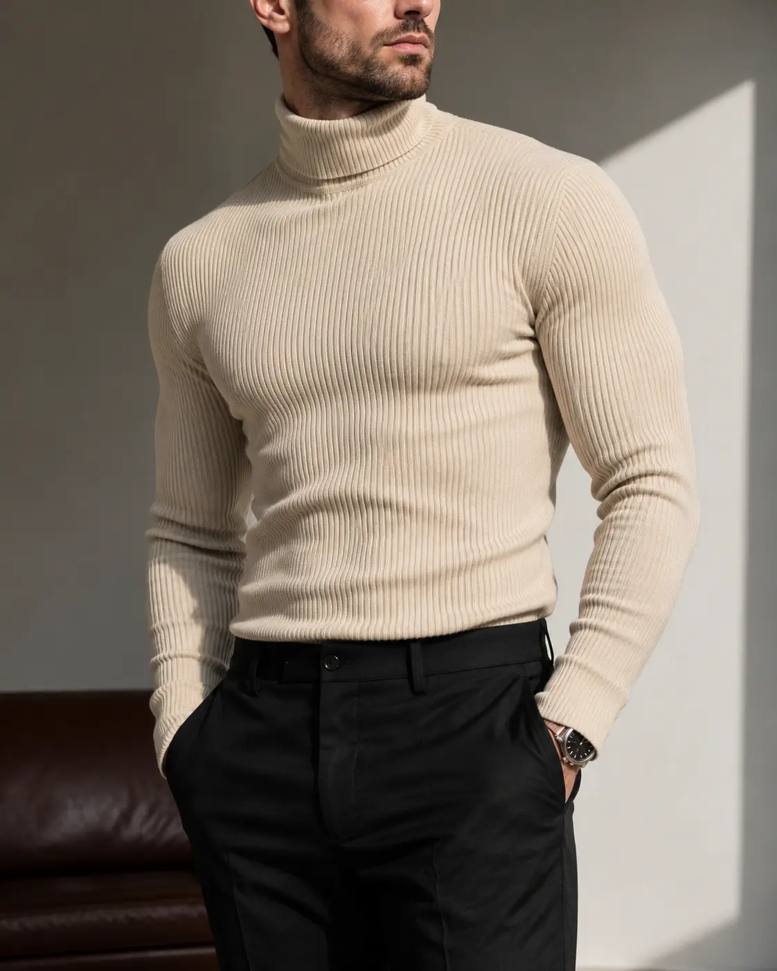 Men's Slim Fit Ribbed Turtleneck Sweater, Soft Stretch Knit Long Sleeve Pullover, Old Money Aesthetic Quiet Luxury Clean Fit, Fall Winter Layering Shirt, Casual Office Date Night Outfit, Minimalist Capsule Wardrobe, Black White Beige Basic Knit Top