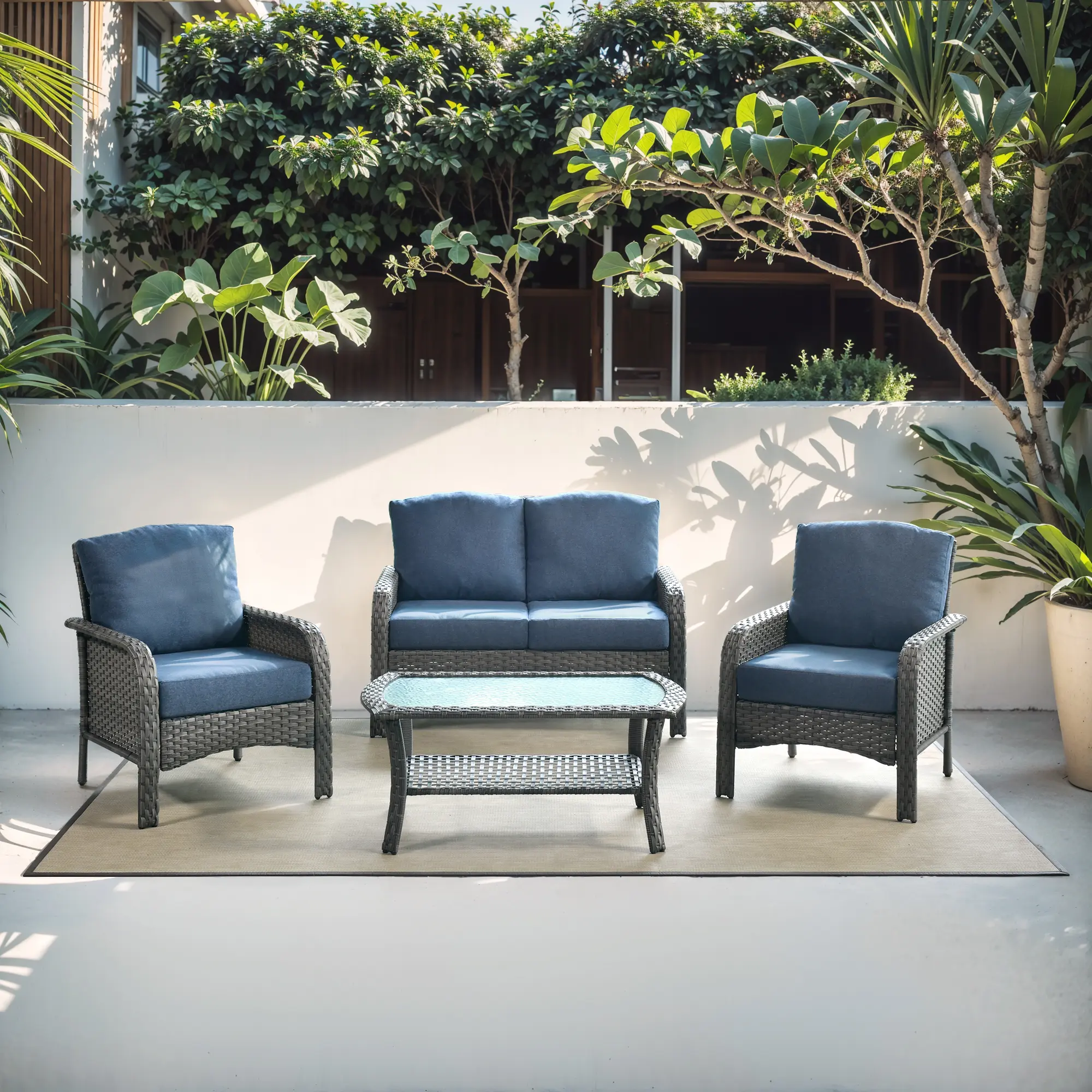【2 packages Delivery】HOOOWOOO 4 Pieces Patio Furniture Set, Outdoor Wicker Sofa Couch with Comfy Cushions, All Weather High Back Conversation Set for Porch Deck, Brown Rattan